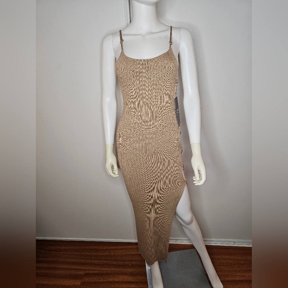 Hera Collection Taupe Dress Ribbed With Side Opening Size S Sexy Clubwear NEW - Picture 5 of 16